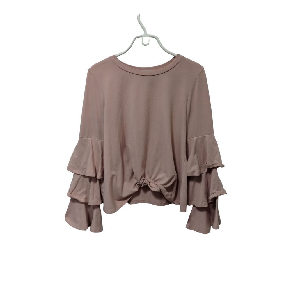 Belle + Sky‎ Women's Dusty Pink Ruffle Sleeve Front Tie Long Sleeve Top Medium